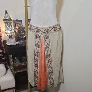Odille Beige and Orange Embroidered Midi Skirt